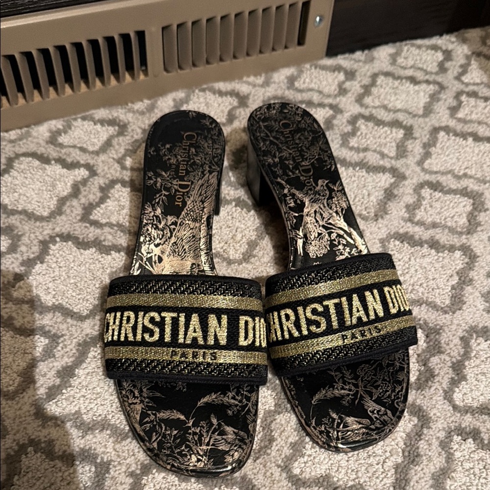 Christian Dior Black Gold logo slide sandals size 39.5